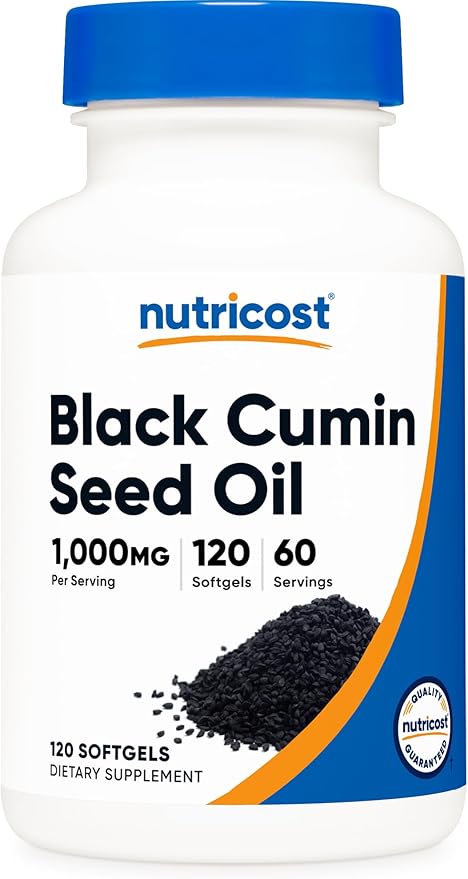 Nutricost Black Seed Oil (Cumin) - Cold Pressed, Source of Omega 3 6 9-120 Softgels, 1000mg Per Serving, 60 Servings - Non-GMO and Gluten Free