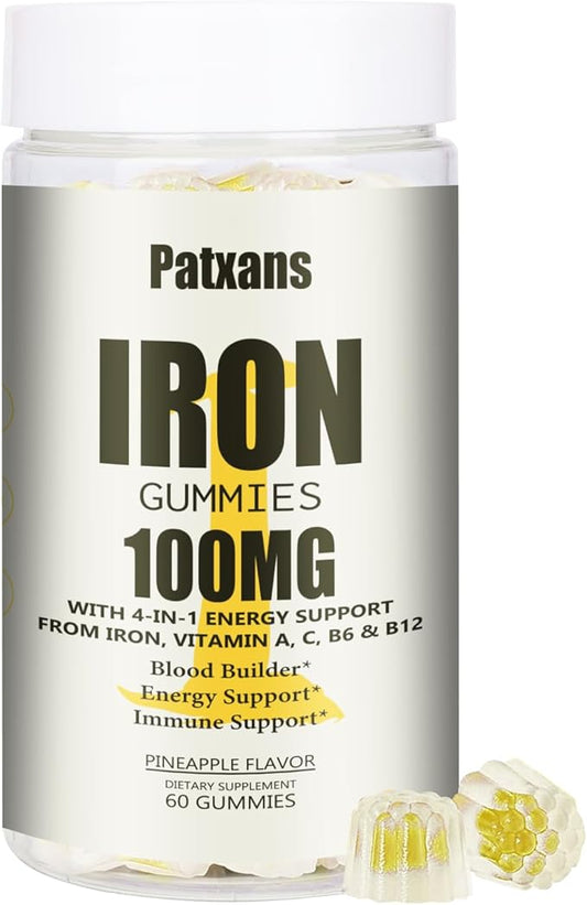 1 Pack 100MG Iron Supplement Gummies for Women & Men - with Vitamin A, C, B - Energy Support for Iron Deficiency, Anemia, Adults ＆ Children, Pineapple Flavor Gummy, 60ct