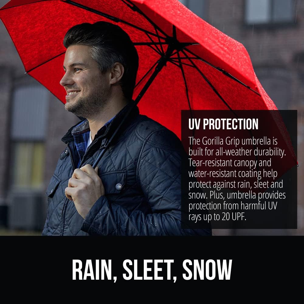 GORILLA GRIP Strong Stick Umbrella for Rain, Compact Travel One-Click Automatic Open Close, Lightweight, Portable, US Designed Reinforced Fiberglass Ribs, Wind Resistant, Easy Collapse, Red