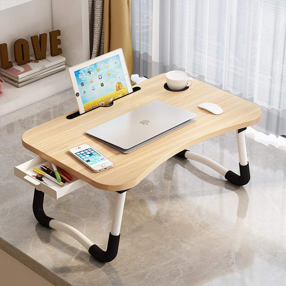Lap Desk with Storage Drawer, Holders for Cup and Tablet, Laptop Bed Tray Table with Foldable Legs, Laptop Bed Stand, Portable Standing Table for Sofa Couch Floor (23", Walnut)