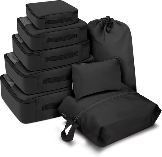 8 PCS Compression Packing Cubes for Travel Women, Compression Organizer for Luggage Space Saving Travel Essentials and Carry on, Luggage Organizer Bags for Suitcase - Black