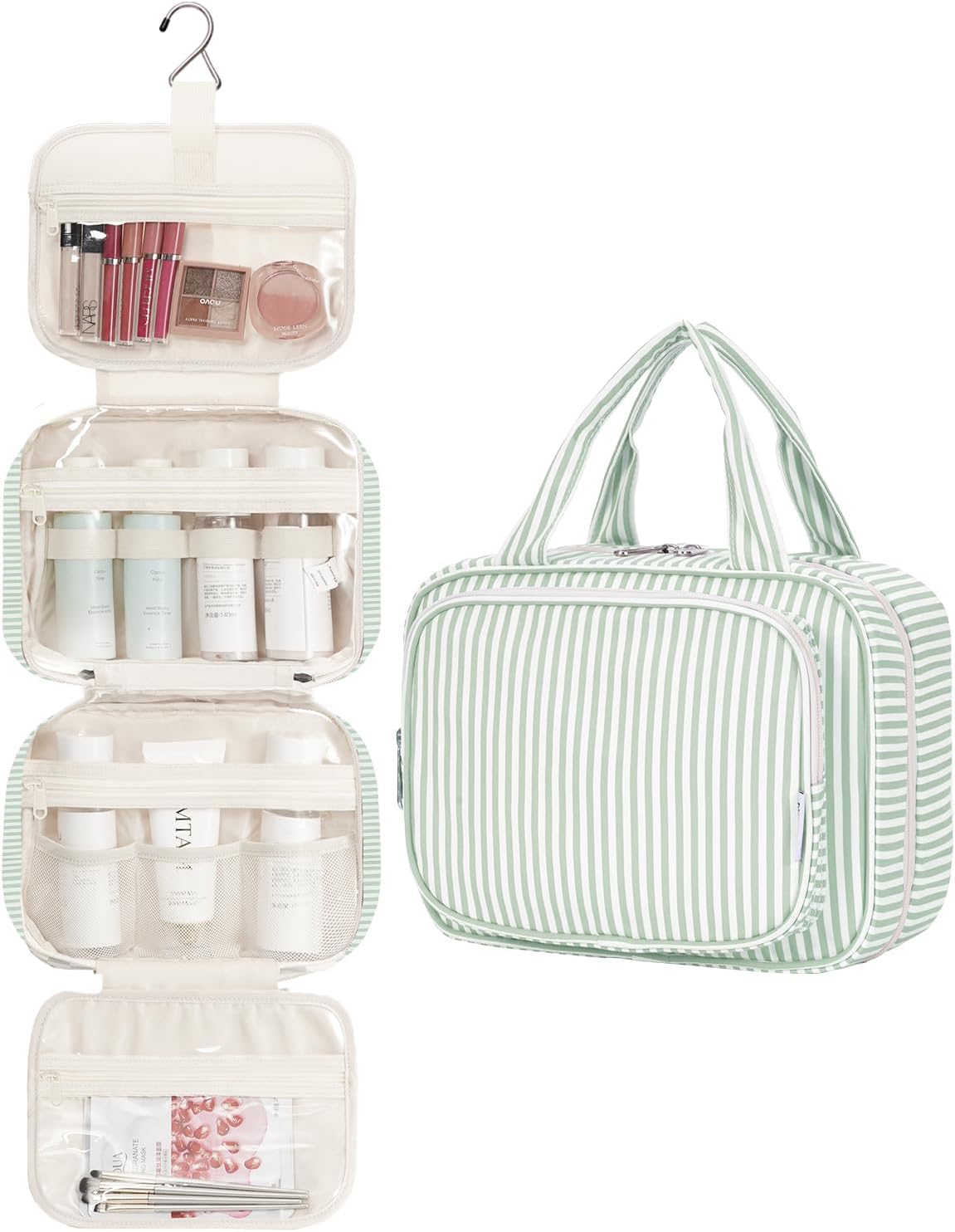 Narwey Striped Hanging Toiletry Bag for Women Travel Makeup Bag Organizer Toiletries Bag for Travel Size Essentials Accessories Cosmetics (Mint Green Stripe (Medium))