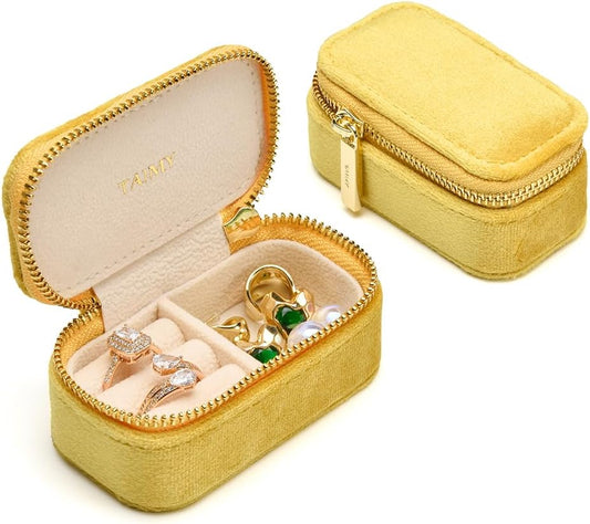 Small Travel Jewelry Case, Mini Tiny Plush Velvet Jewelry Box for Women and Girls, Pocket Size Jewelry holder organizer for Rings Earrings and Small Items(Yellow)