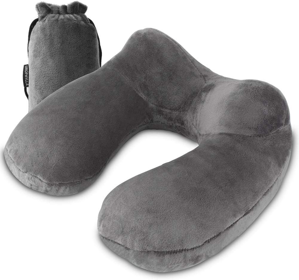 UROPHYLLA Inflatable Travel Pillow, Soft Velvet Inflatable Neck Pillow for Traveling, Airplanes, Train, Car, Office with Compact Bag, Breathable Washable Cover, Suit for Adults Sleeping - Grey
