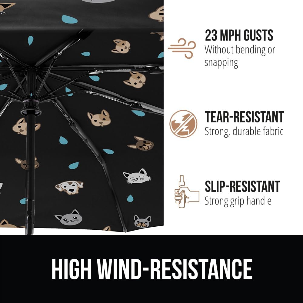 GORILLA GRIP Strong Stick Umbrella for Rain, Compact Travel One-Click Automatic Open Close, Lightweight, Portable, US Designed Reinforced Fiberglass Ribs, Wind Resistant, Easy Collapse, Cats Dogs