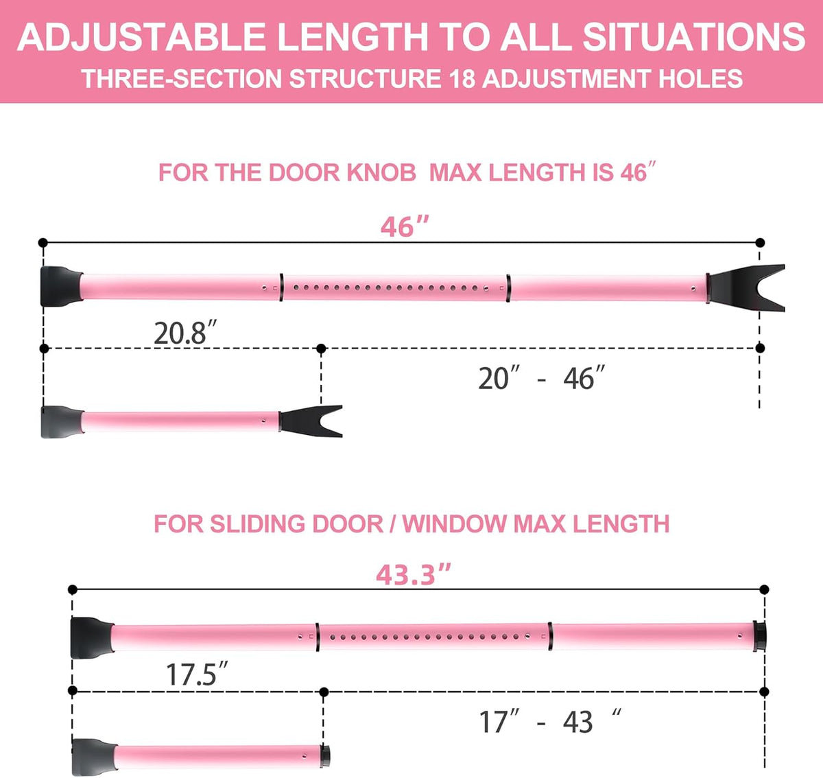 Rerishom Door Security Bar, Door Stoppers Security bar,Heavy Duty Door Lock Security Door Jammer Door Stopper for Apartment, Hotel Room,Screen Door Hardware, Gate Lock Bar(2 Pack,Pink)