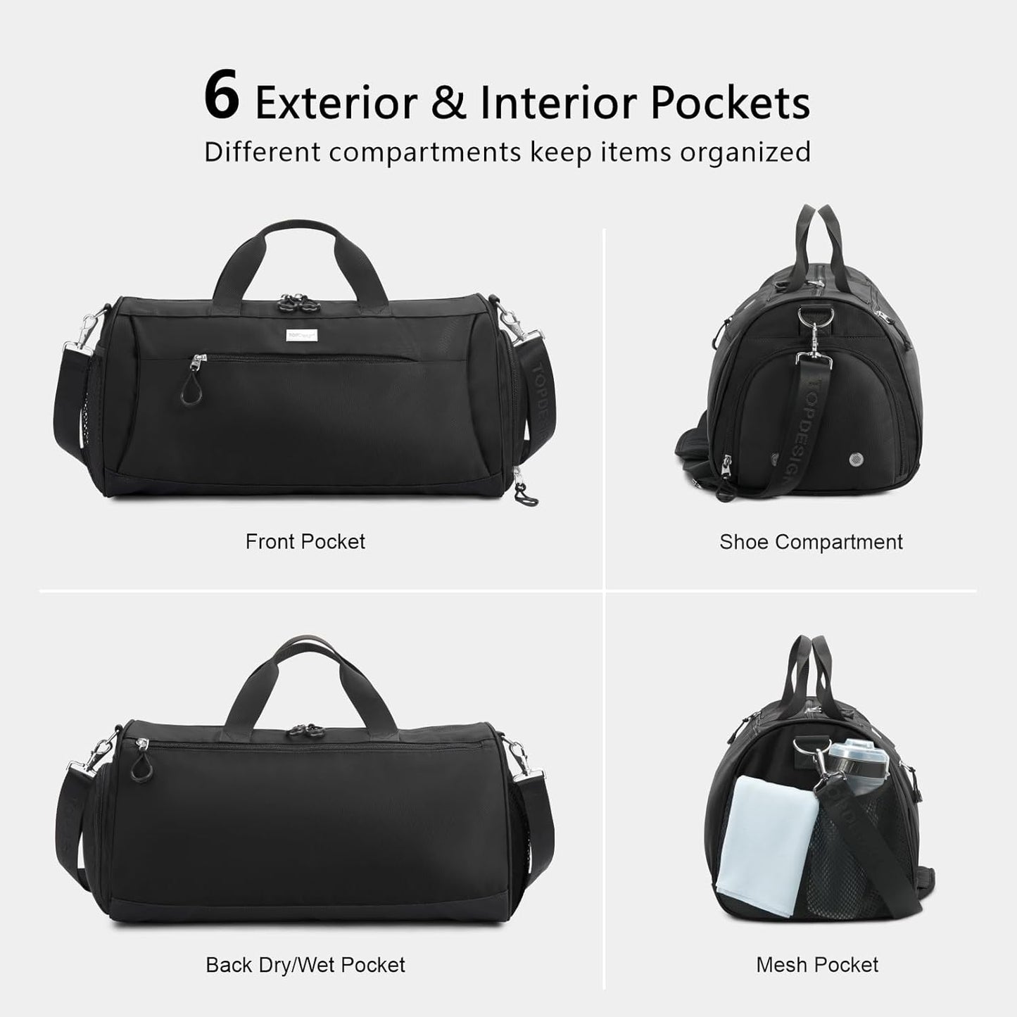 TOPDesign Gym Bag for Women & Men, Unisex Duffel Bag with Shoe Compartment & Wet Pocket for Travel Sports Gym (L Black)