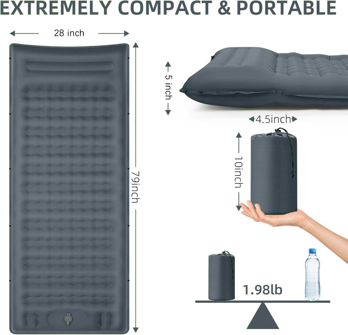 Camping Sleeping Pad, Extra Thick 5 Inch Camping Mat with Pillow Built-in Foot Pump Inflatable Sleeping Pads Compact for Camping Backpacking Hiking Traveling Tent（Gray）
