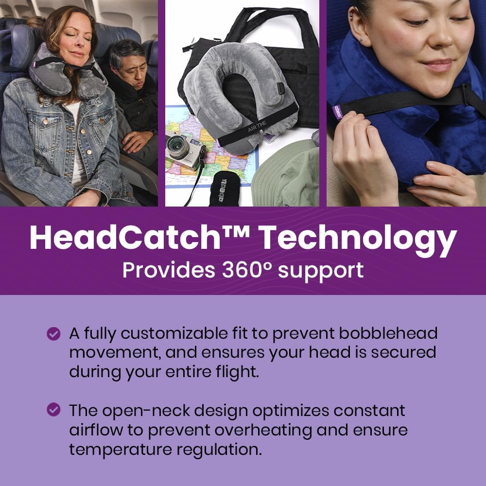 Cabeau Inflatable Travel Pillow – Air TNE – Adjustable, Lightweight, and Supportive for Sleeping on Airplanes, Trains, and Cars– Customized Fit and Compact Carrying Case (Midnight Black)