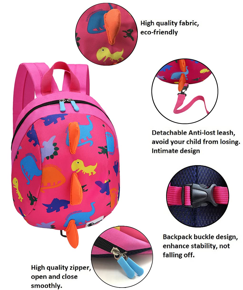 DB Dinosaur Toddler Mini Backpack with Leash, Children Kids Baby Harness Bookbag (Rose Pink)