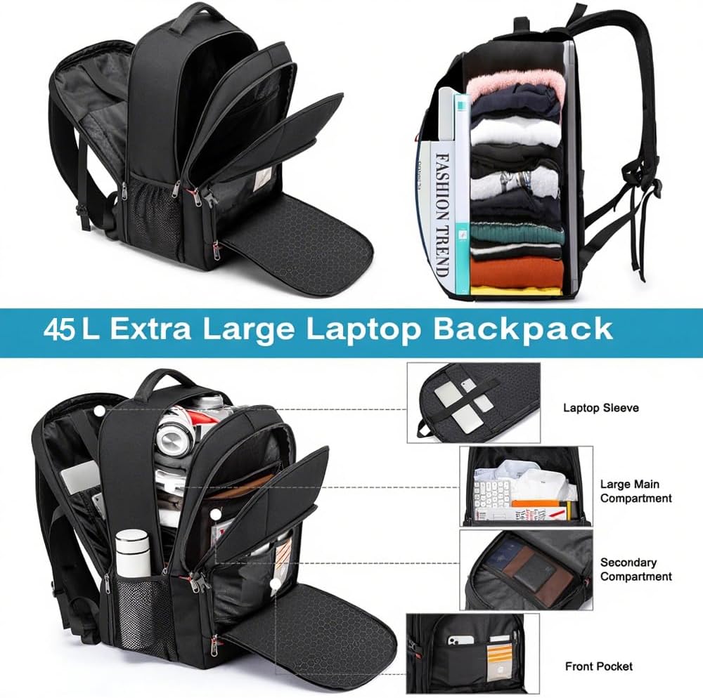 Travel Laptop Backpack, 18.4 inch Extra Large Backpack for Men and Women, 45L Capacity Business Computer Back Pack (Black, 18.4 Inch)