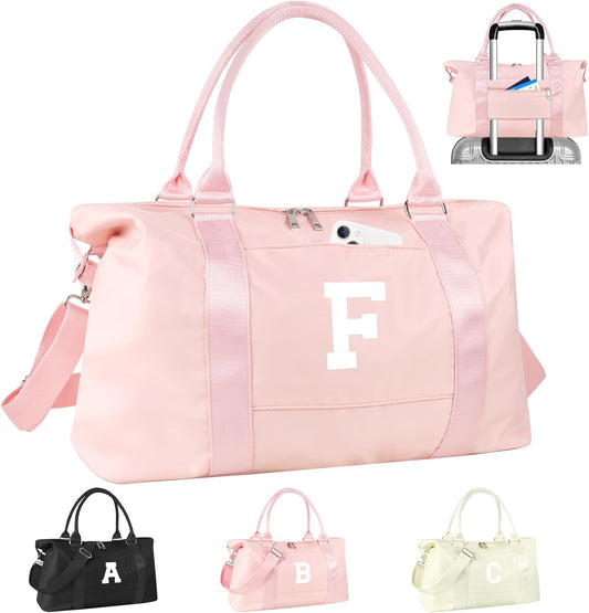 Initial Travel Duffel Bag Sports Gym Bag for Girls Teen Birthday Gifts,Pink Personalized Weekender Bag Carry On Tote Bags for Women Men,Waterproof Overnight Luggage Bag with Trolley Sleeve(Letter F)