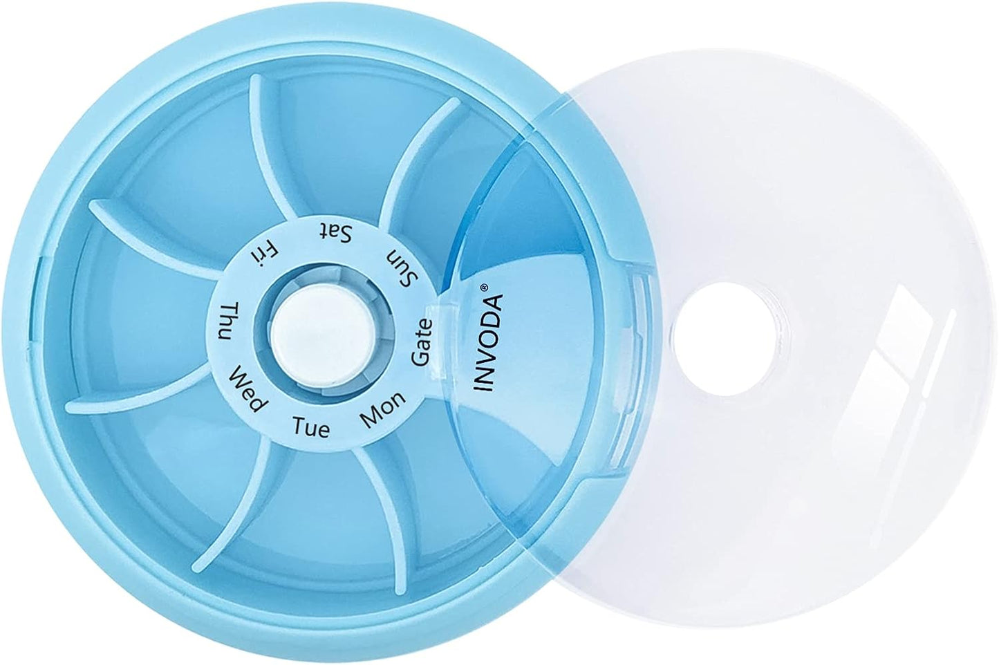 INVODA Weekly Pill Organizer 7 Compartment Rotating Pill Box for Daily Medication & Vitamins - Portable Travel Pill Case Fish Oil Supplements Vitamins Organizer (4 Pill Box+ 4 Bag)