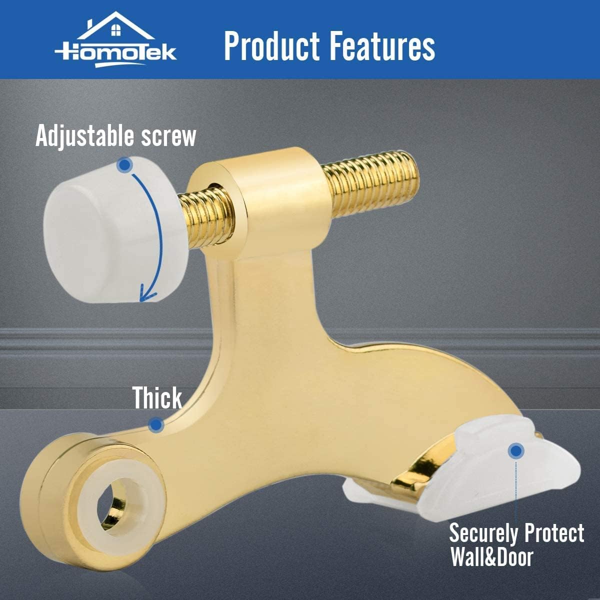 HOMOTEK 36 Pack Hinge Pin Bright Brass Door Stopper, Gold Door Stops, Adjustable Deluxe Heavy Duty Door Stopper 2-1/2"x1-3/4”,with White Rubber Bumper Tips