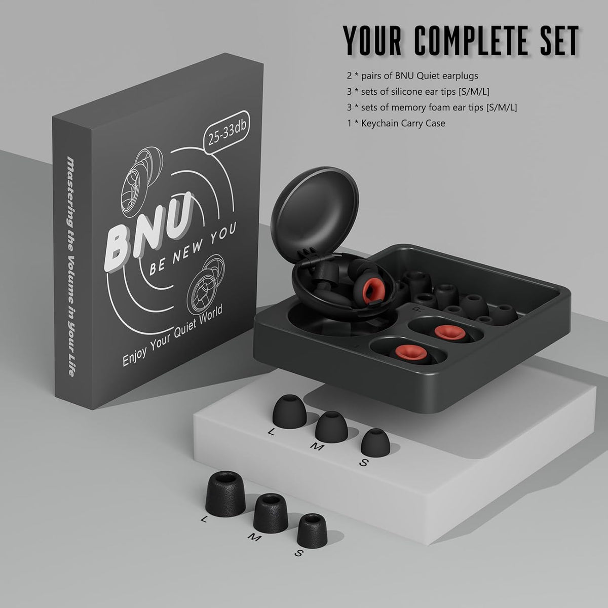 Concert Ear Plugs, 2 Pair BNU High Fidelity Noise Cancelling Earplugs Hearing Protection for Musicians,Festivals,Raves Sleep, 25-33db Noise Reduction 6 Pair Reusable Foam＆Silicon Tips in S/M/L Black