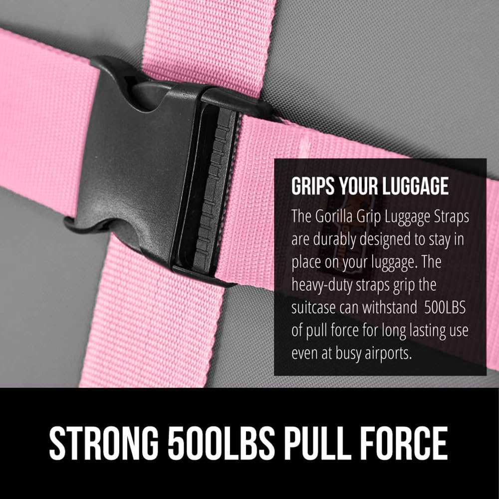 GORILLA GRIP Heavy Duty 4 Pack Adjustable Luggage Straps for Suitcases, Easy to Identify Travel Belt Connector Holds Suitcase Together, Extends Life of Bag, Strap Connects Two Bags, Accessories Pink