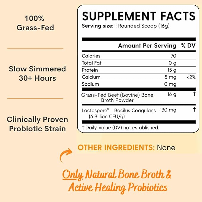 100% Grass-Fed Natural Beef Bone Broth Powder + Active Probiotics, Collagen, 15g Protein, Non-GMO, Low Sodium, Gut Health, Paleo, Keto, Gluten-Free, for Healthy Skin, Hair, Joints