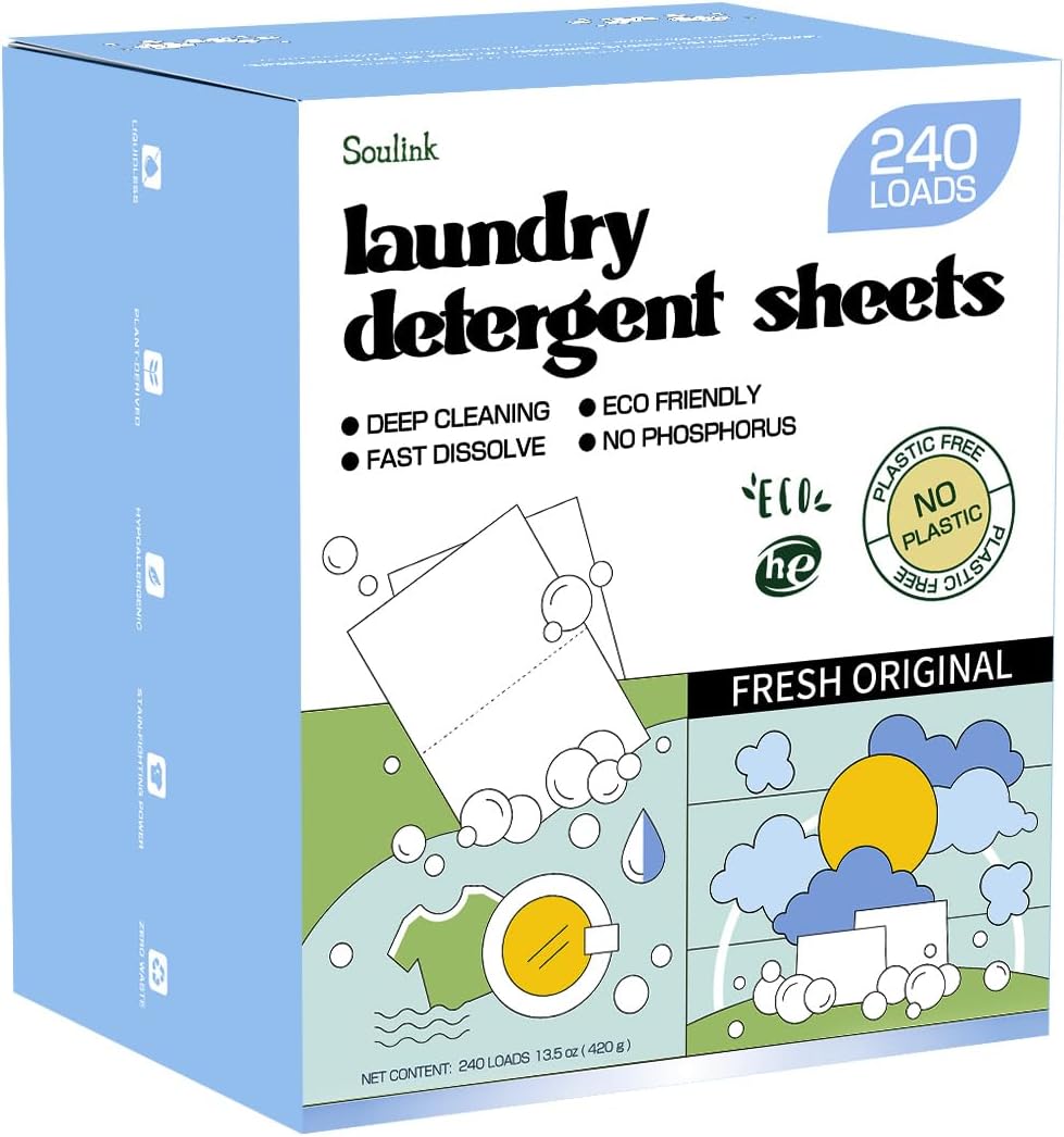Soulink Original Laundry Detergent Sheets 240 Loads - Eco-Friendly, Plant-Based, Hypoallergenic, No Plastic Jug
