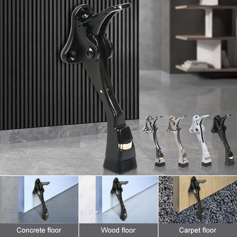 4 Packs Black Door Stops, Heavy Duty Kickdown Door Stopper, One Touch Adjustable Kickdown Door Stop for Heavy Doors, 4 in Metal Door Kickstand with Rubber Tip & Wall Protectors for Wide Doors- Black
