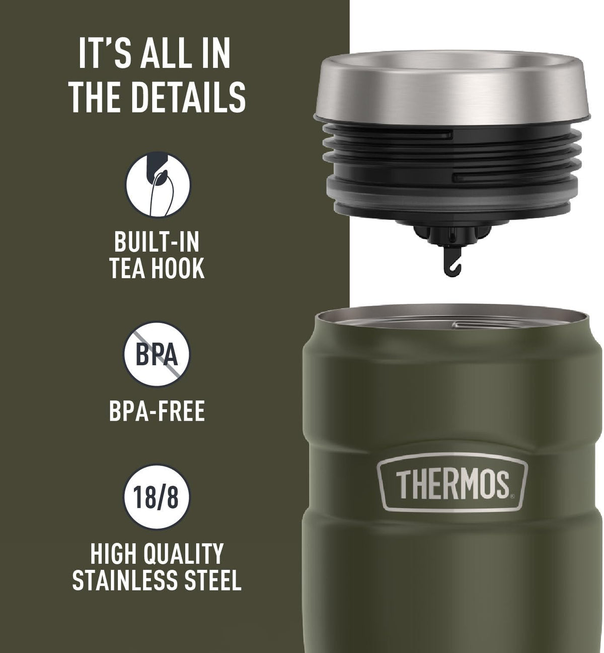 THERMOS Stainless King Vacuum-Insulated Travel Tumbler, 16 Ounce, Army Green