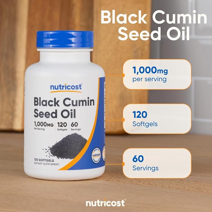 Nutricost Black Seed Oil (Cumin) - Cold Pressed, Source of Omega 3 6 9-120 Softgels, 1000mg Per Serving, 60 Servings - Non-GMO and Gluten Free