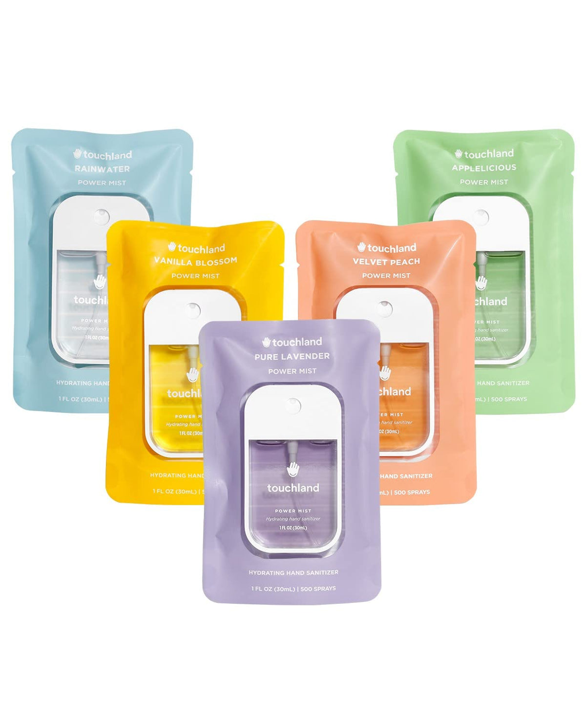 Touchland Power Mist Hydrating Hand Sanitizer Spray, BLOSSOM 5 Set (Lavender, Vanilla, Rainwater, Peach, Applelicious), 1 FL. OZ. Travel Size (Set of 5)