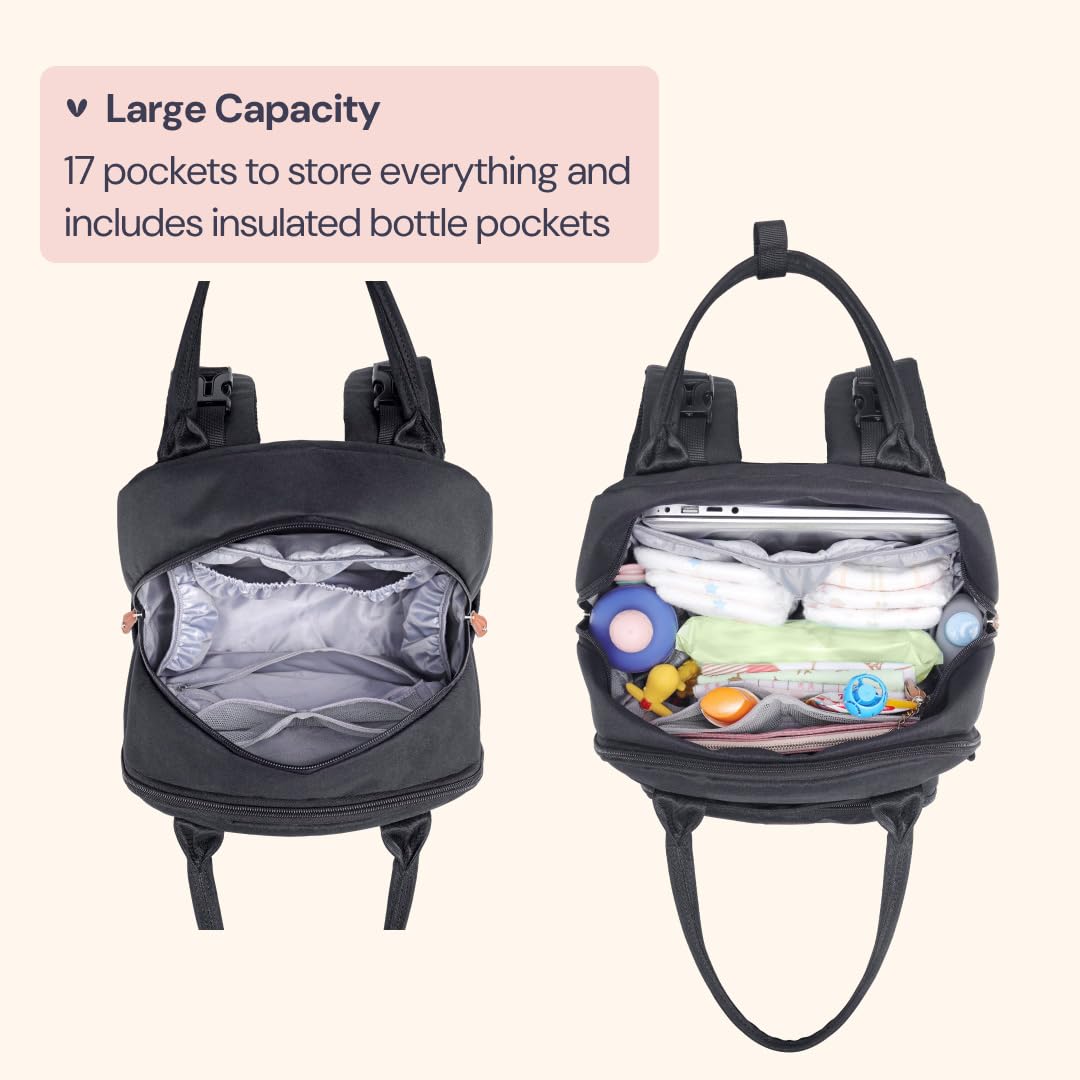 BabbleRoo Diaper Bag Backpack - Baby Essentials Travel Tote - Multi Function Water Resistant Diaper Bag, Travel Essentials Baby Bag with Changing Pad, Stroller Straps & Pacifier Case - Unisex, Black