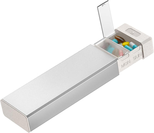 HEIYING 7 Days Pill Organizer with Aluminum Shell for One Week Capacity, Portable Metal Pill Case to Hold Vitamin, Medicine, Supplements