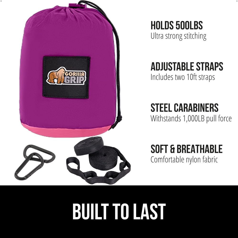 GORILLA GRIP Durable Portable Camping Hammock, Holds 500lbs with Heavy Duty Tree Straps, Comfortable Travel Swing, Camp Hammocks, Easy to Use and Install, Outdoor Essentials, Purple, 10x6.5 FT