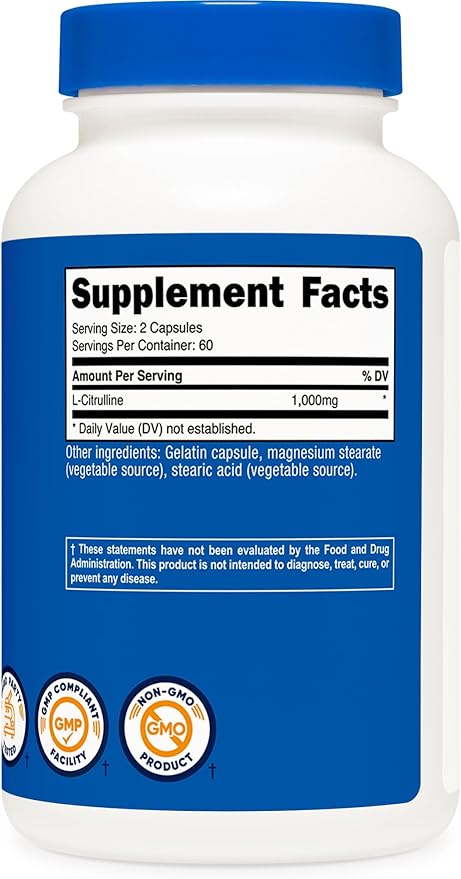 Nutricost L-Citrulline 500mg, 120 Capsules - Gluten Free, Non-GMO, 1000mg Per Serving (60 Serv)