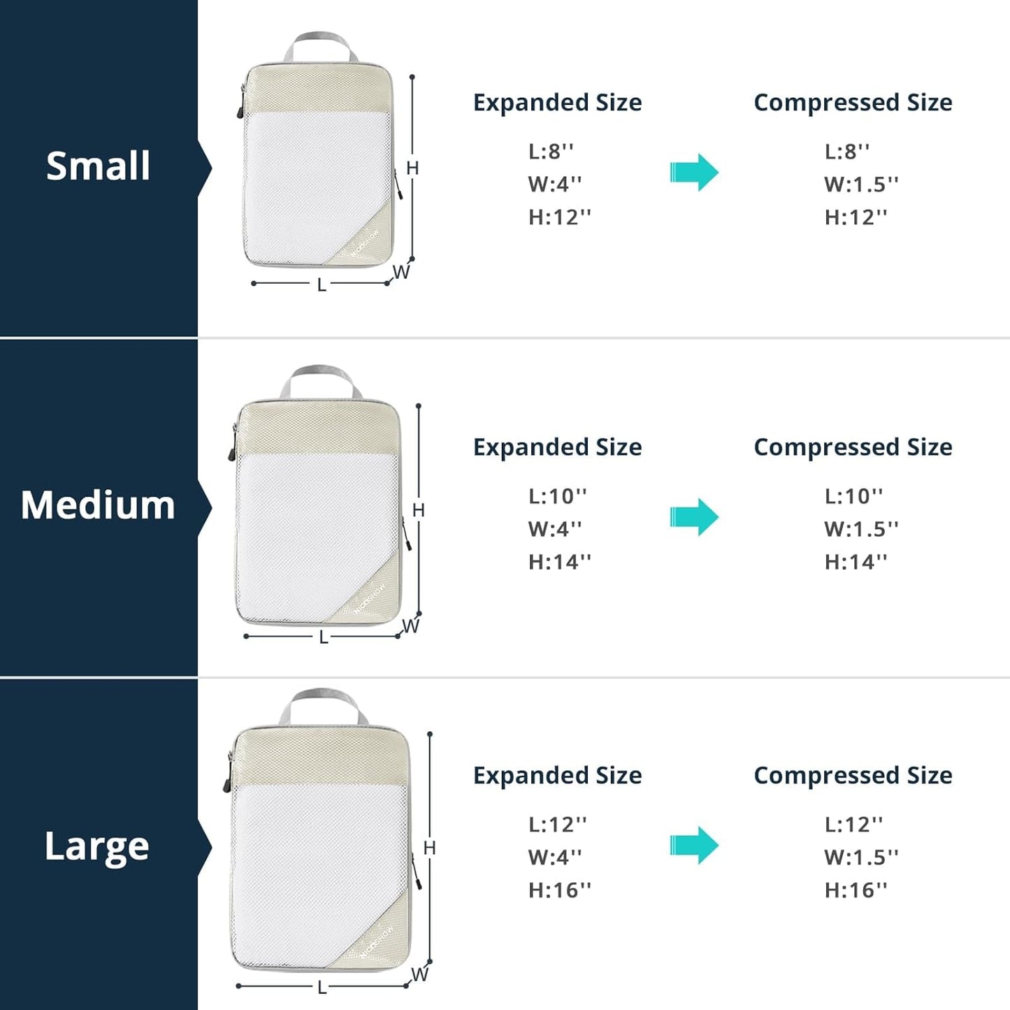 Compression Packing Cubes 3 Set, Compressible Space-Saving Packing Cubes for Travel - Compression Bags, Luggage Organizer, Travel Essentials for Women, Beige