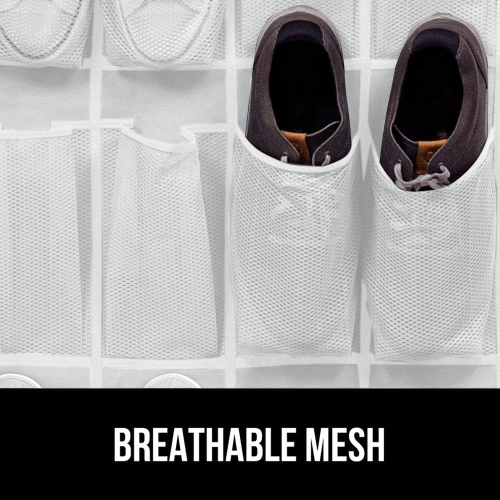 GORILLA GRIP Over the Door Shoe Organizer, 24 Large Breathable Mesh Pockets, Space Saving Hanging Storage Holder, Closet Rack Hanger Holds Up to 40 lbs, Hangs on Closets for Shoes, Accessories, White