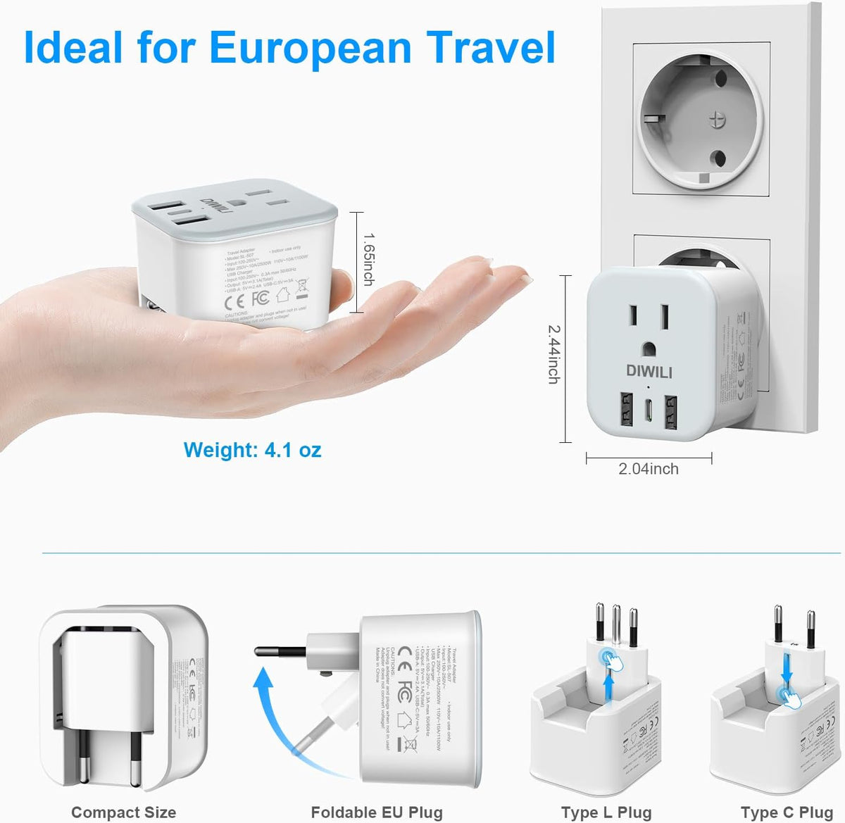 European Travel Plug Adapter, Foldable Power Adapter with 3 USB(1 USB C Port) and 1 AC Outlets, 2 in 1 Type C/L EU Outlet Adapter for US to Most of Europe France Germany Spain Italy(1 Pack)
