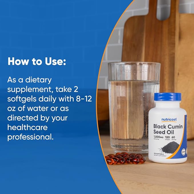 Nutricost Black Seed Oil (Cumin) - Cold Pressed, Source of Omega 3 6 9-120 Softgels, 1000mg Per Serving, 60 Servings - Non-GMO and Gluten Free