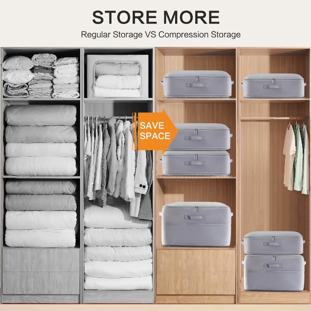 Ultra Space Saving Self Compression Storage Bags with Zipper, (Grey) -Compression Organize for Bedding, Comforter Storage Bag for Blankets Duvet Quilts Pillows
