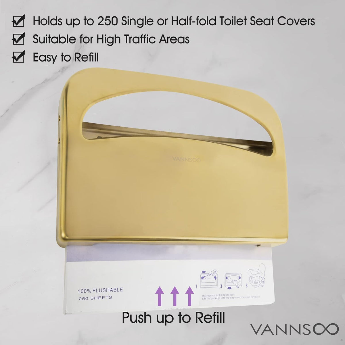 Toilet Seat Cover Dispenser - Stainless Steel Wall Mount Toilet Seat Cover Holder for Commercial Bathroom, 250 Single or Half Fold Seat Covers Capacity (Gold)