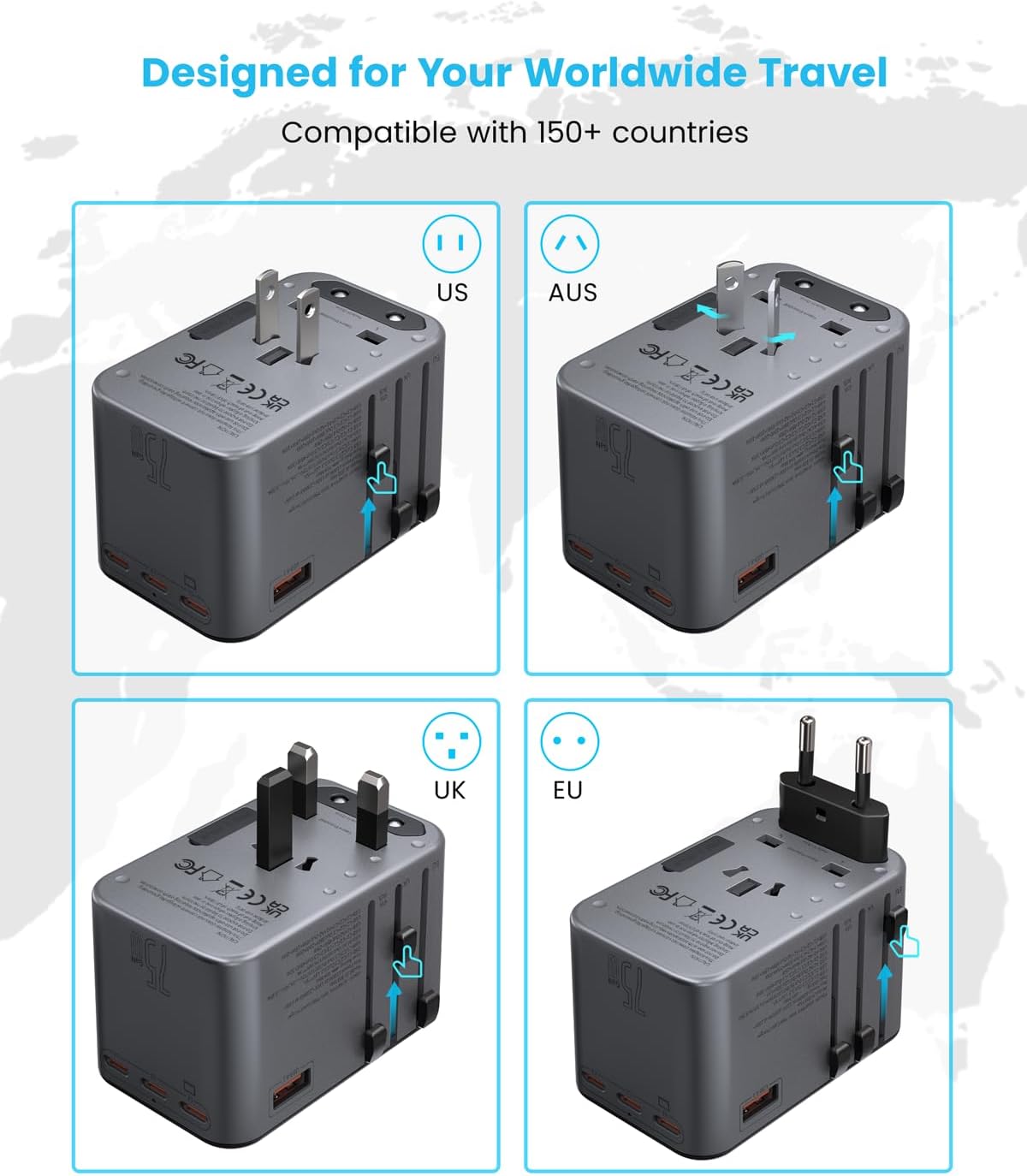 Universal Travel Adapter, VINTAR 75W GaN International Power Adapter with 3 USB-C PD and 2 USB-A QC Charging Ports, All-in-one Outlet Converter Wall Charger for Europe UK USA AUS(Type C/G/A/I), Grey