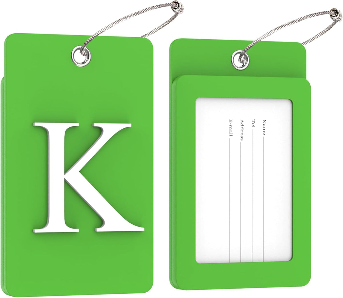 Gostwo 2 Pack Luggage Tags for Suitcases, 26 Initial Letter Travel Luggage Baggage Identification Labels ID Tag Fully Bendable Tags with Stainless Steel Loop (Green) (Letter K)