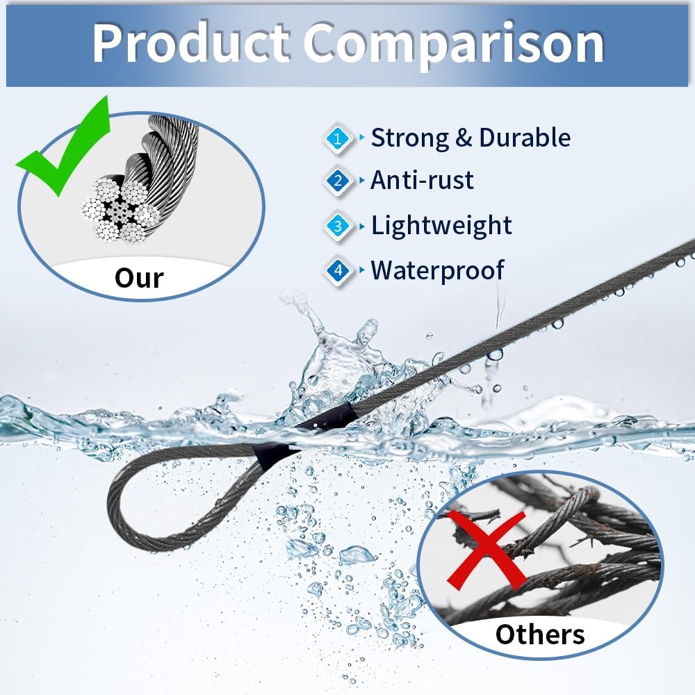 3.3mm (1/8 Inch) Outdoor Travel Stainless Steel Security Cable-30ft Luggage Lock Safety Wire Flexible Steel Wire Rope with Double Loop Safety for Luggage, Bike, Lock(Black, 30ft-(1Pack)