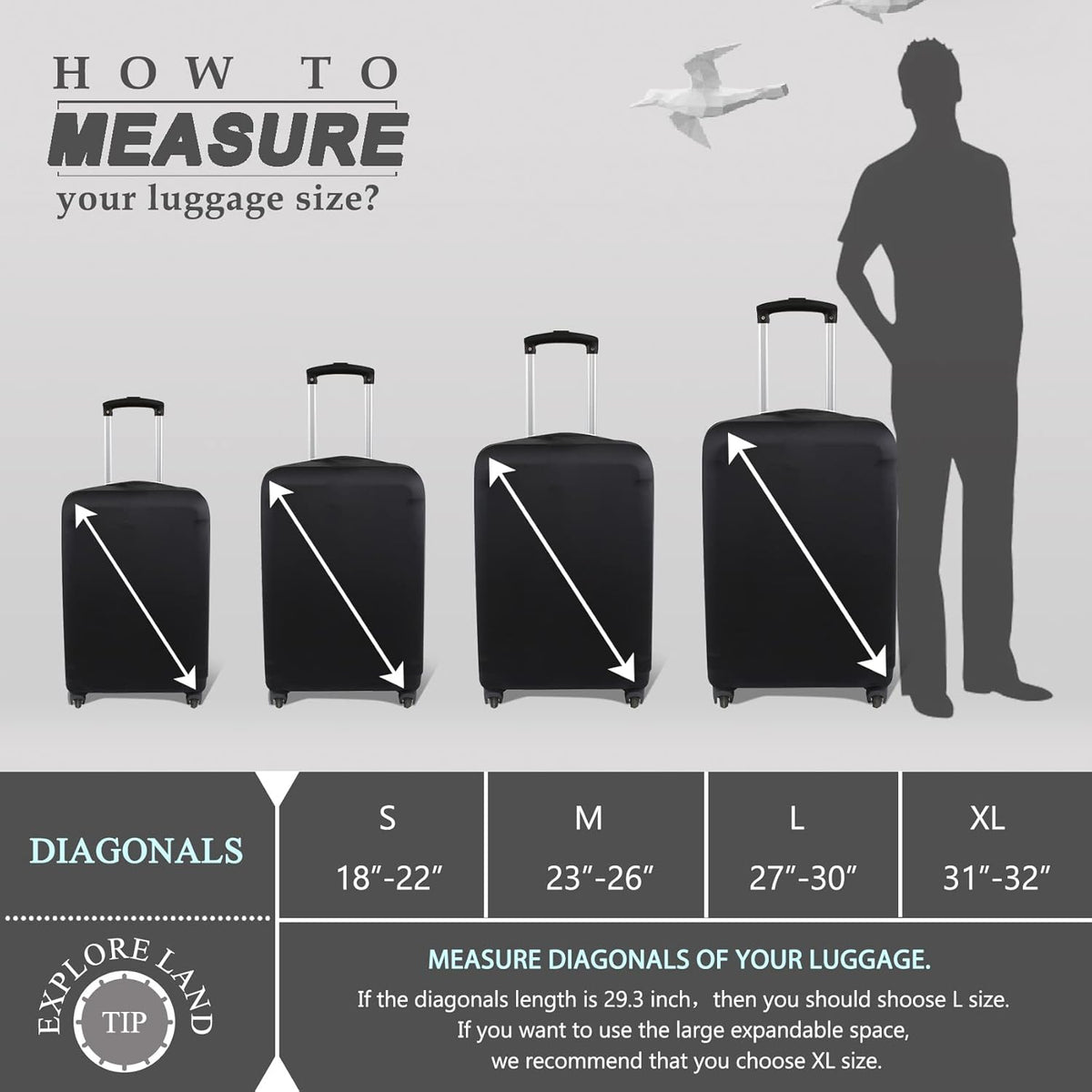Explore Land Travel Luggage Cover Suitcase Protector Fits 31-32 Inch Case (Black, XL)