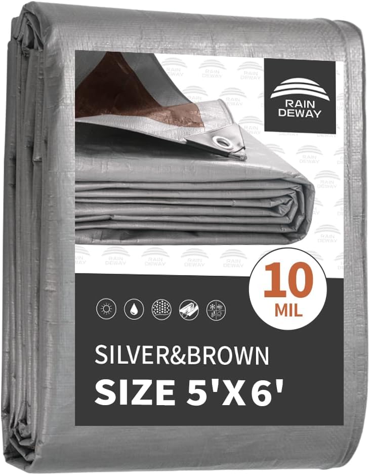 RAINDEWAY Small Tarps Heavy Duty Waterproof 5x6 Feet, 10Mil Multipurpose Poly Mini Tarp Cover with Metal Grommets, Camping Tarpaulin Silver/Brown Tarp Finished Size