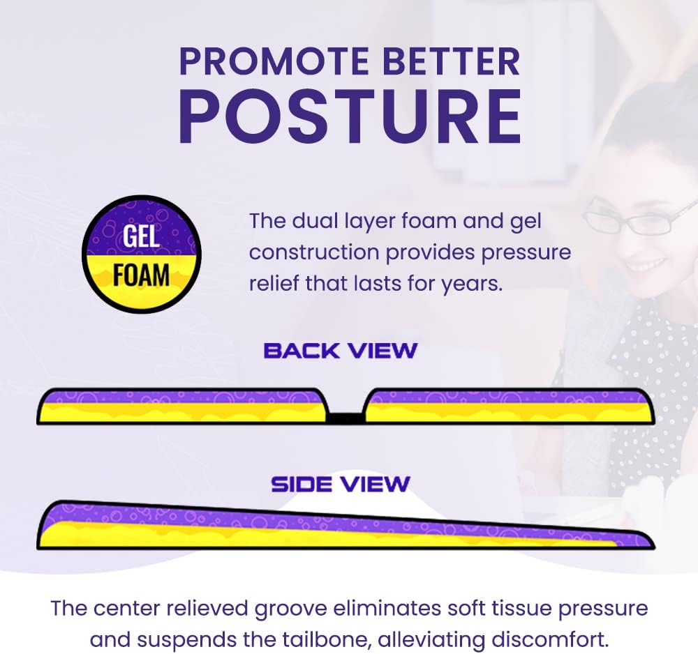 GSeat Ultra Orthopedic Gel and Foam Seat Cushion (Black) – for Coccyx, Back, Tailbone, Prostate, Postnatal, and Sciatica Pain/Discomfort – Office, Car, Chair, Travel