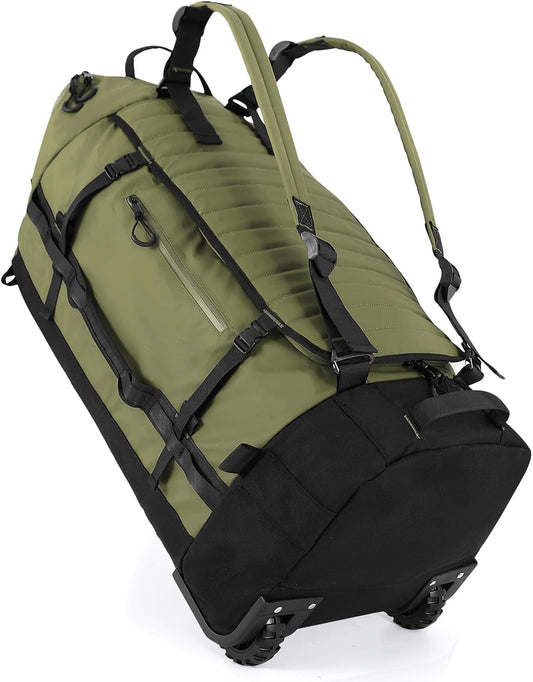 Rolling Duffle Bag with Wheels,86L 30”Folding Duffle Backpack with 2 Wheels,Travel Bag with Separate Shoe Compartment,Green