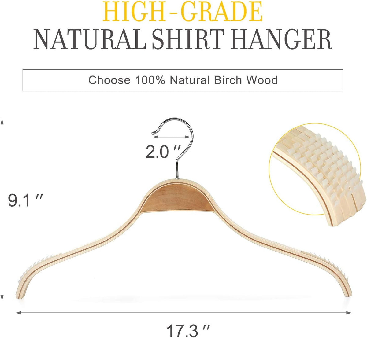 TOPIA HANGER Slim Natural Wood Hangers with Extra Soft Non-Slip Rubber Grips, 10-Pack High-Grade Fashion Hanger No Shoulder Bump for Sweater, Camisole, Jacket, Dress, Coat -CT15N