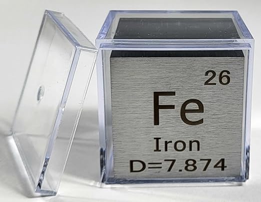 1.5" 38.1mm Iron Ferrum Metal Cube Fe up to 99.9% Pure Periodic Table Element Engraved Density Collection Science Education Display Block Cube + Acrylic Case Box - 1PC