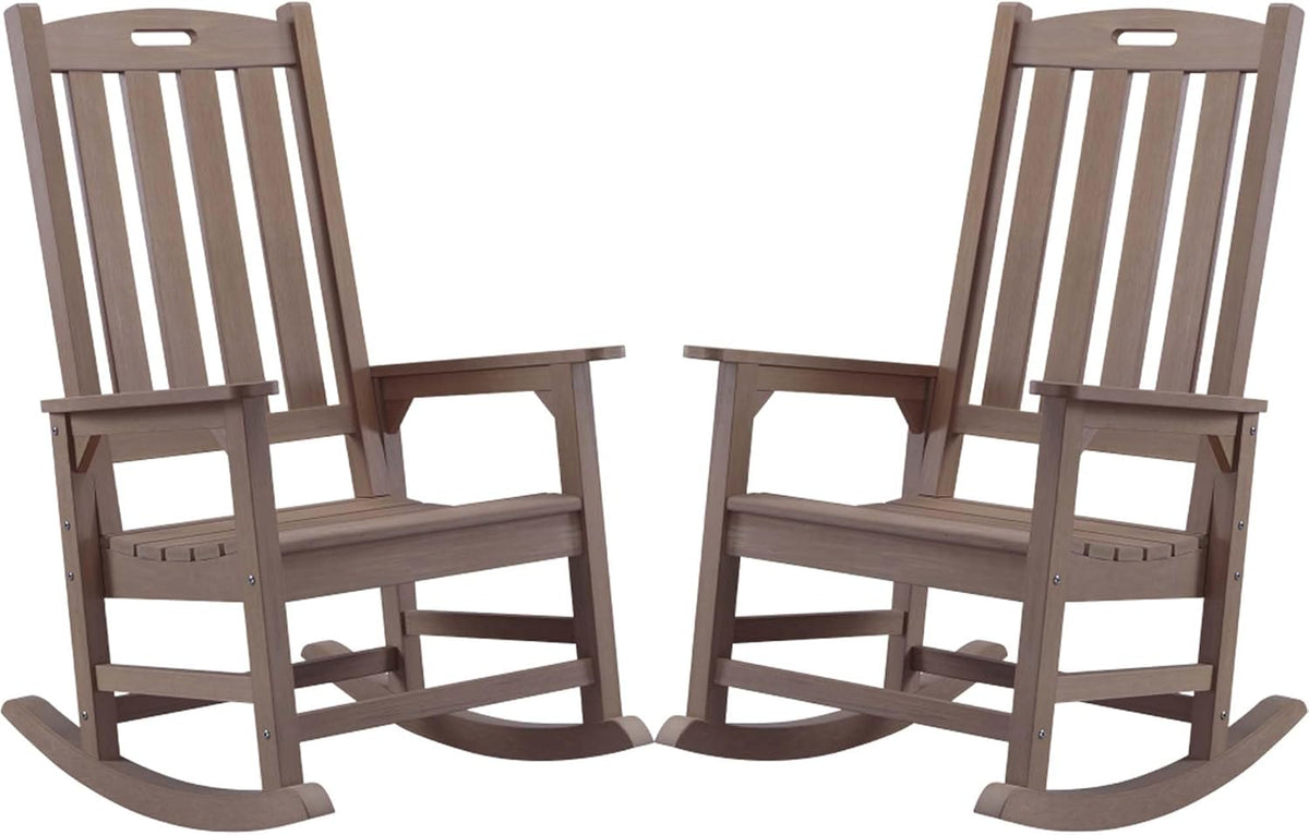 Psilvam Oversized Outdoor Rocking Chair Set of 2, Porch Rocker with 21" Wide Seat and 32" Tall Backrest, Pre-Assembled with Most Components for Effortless Installation (Brown)