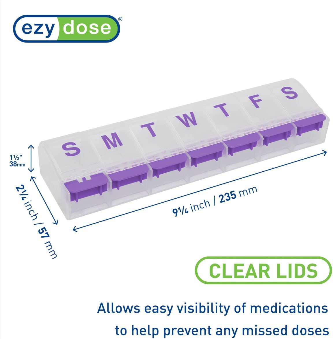 EZY DOSE Pill Organizer Weekly (7-Day), Medicine Planner, Vitamin Case/Box, 2X-Large Push-Button Compartments, Easy to Use, Travel-Friendly, Purple, BPA Free