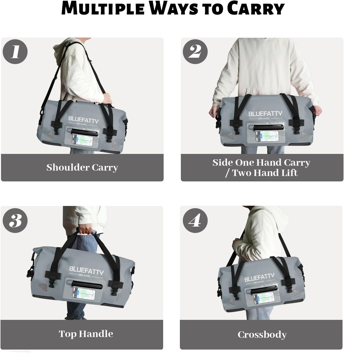 Waterproof Motorcycle Duffel Bag Roll Top Dry Duffel Bag with Quick-fixed Straps for Rafting, Boating, Kayaking, Travel, 50L(Grey)
