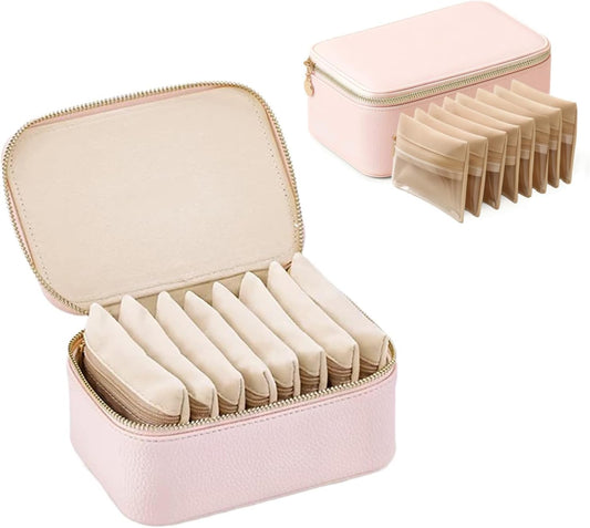 Jewelry Box Organizer for Women,Small Travel Jewelry Case,Mini Travel Jewelry Organizer with 8 Velvet Jewelry Zipper Pouches, Jewelry Box Organizer for Christmas Birthday(Pink)