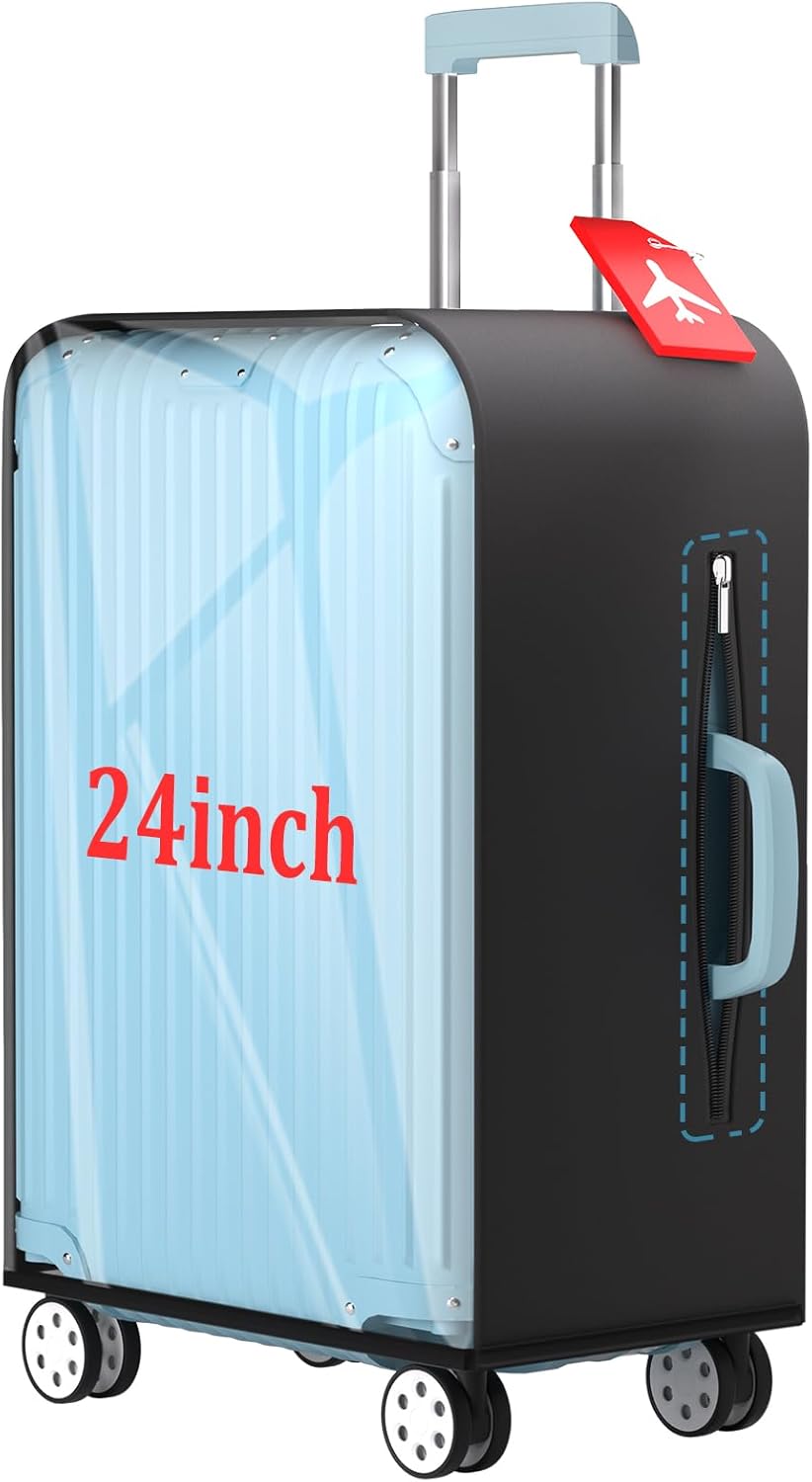 Upgraded Transparent TPU Luggage Cover Protector with Black Stretchable Sides, Fit 24 Inch Wheeled Case TSA Approved, Waterproof & Anti-Scratch, Includes Free Red Luggage Tag